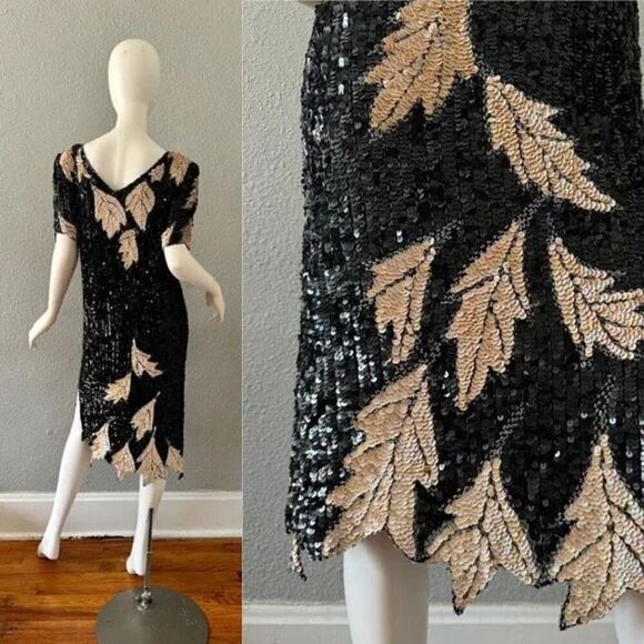 Lillie Rubin Women’s Black Cream All Over Sequin Leaf Illusion Neck Mini Dress - Picture 16 of 16